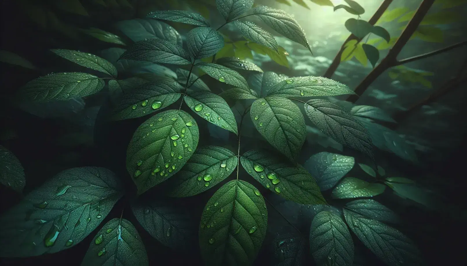 Hojas verdes con gotas de agua brillando bajo la luz, en tonos variados y textura natural sobre fondo desenfocado.