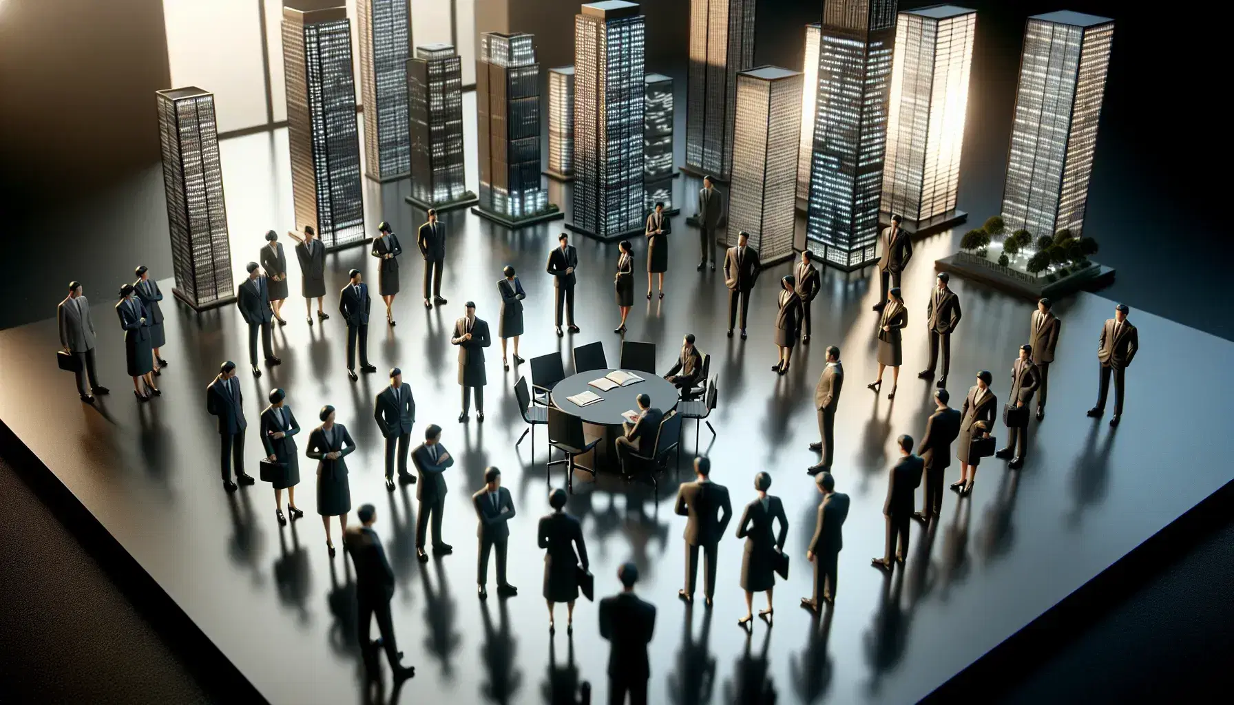 Miniaturas de profesionales en trajes oscuros en reunión, con modelos de edificios de oficinas al fondo, reflejando un ambiente corporativo.