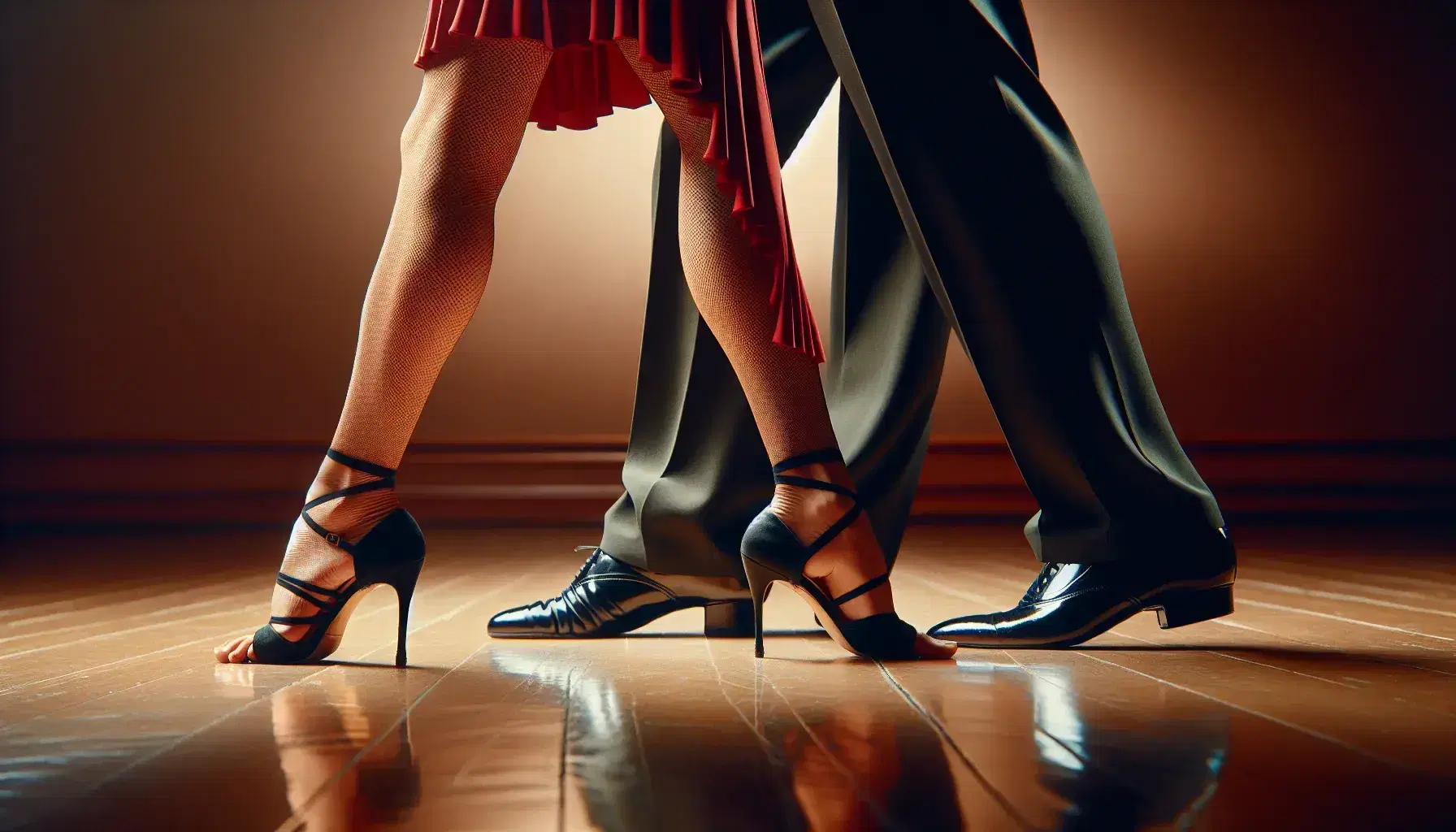 Pies entrelazados de bailarines de tango, con zapatos de tacón alto para ella y zapatos de baile negros para él, sobre piso de madera pulida.