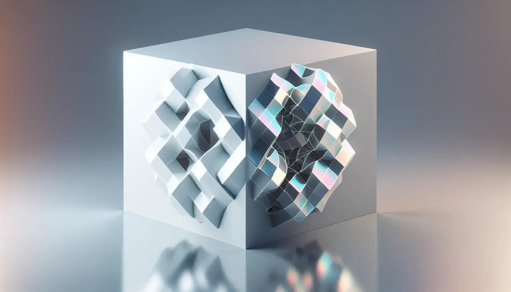 White cube and Calabi-Yau manifold model in a symmetrical arrangement, reflecting light on a gradient background, showcasing geometric contrast.