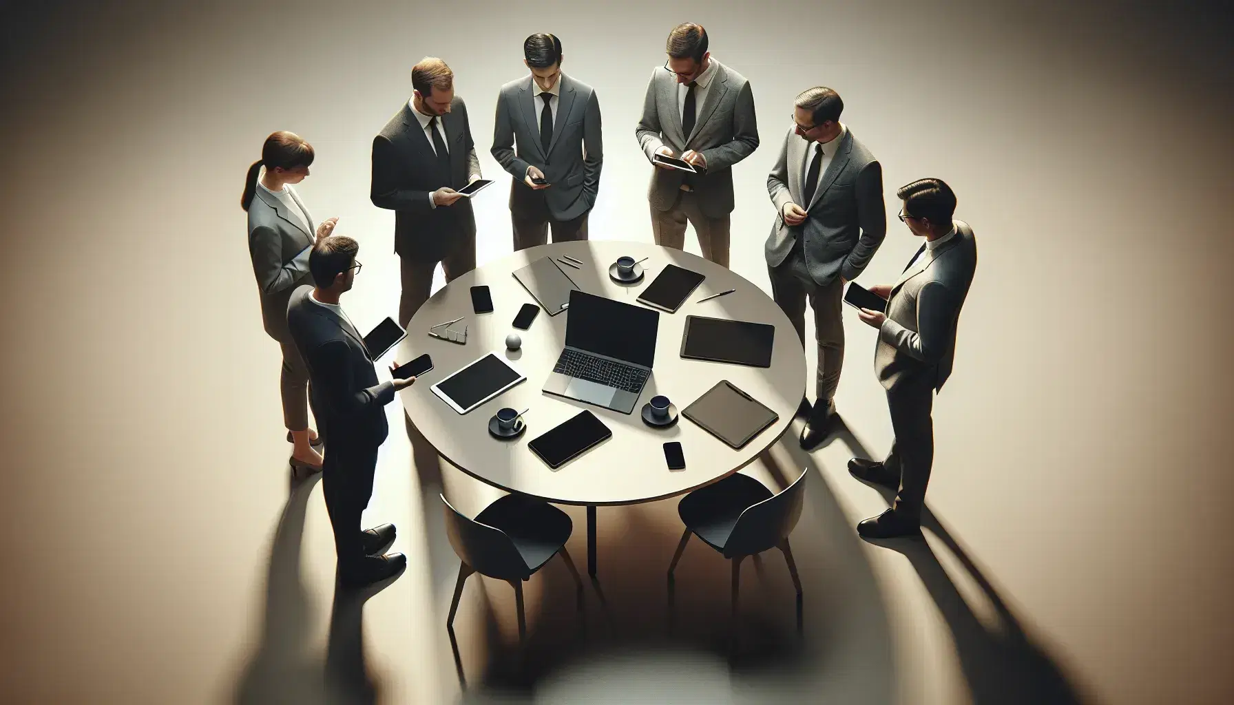 Reunión de equipo profesional en oficina con cinco personas alrededor de una mesa redonda con laptop, tablet y smartphones.