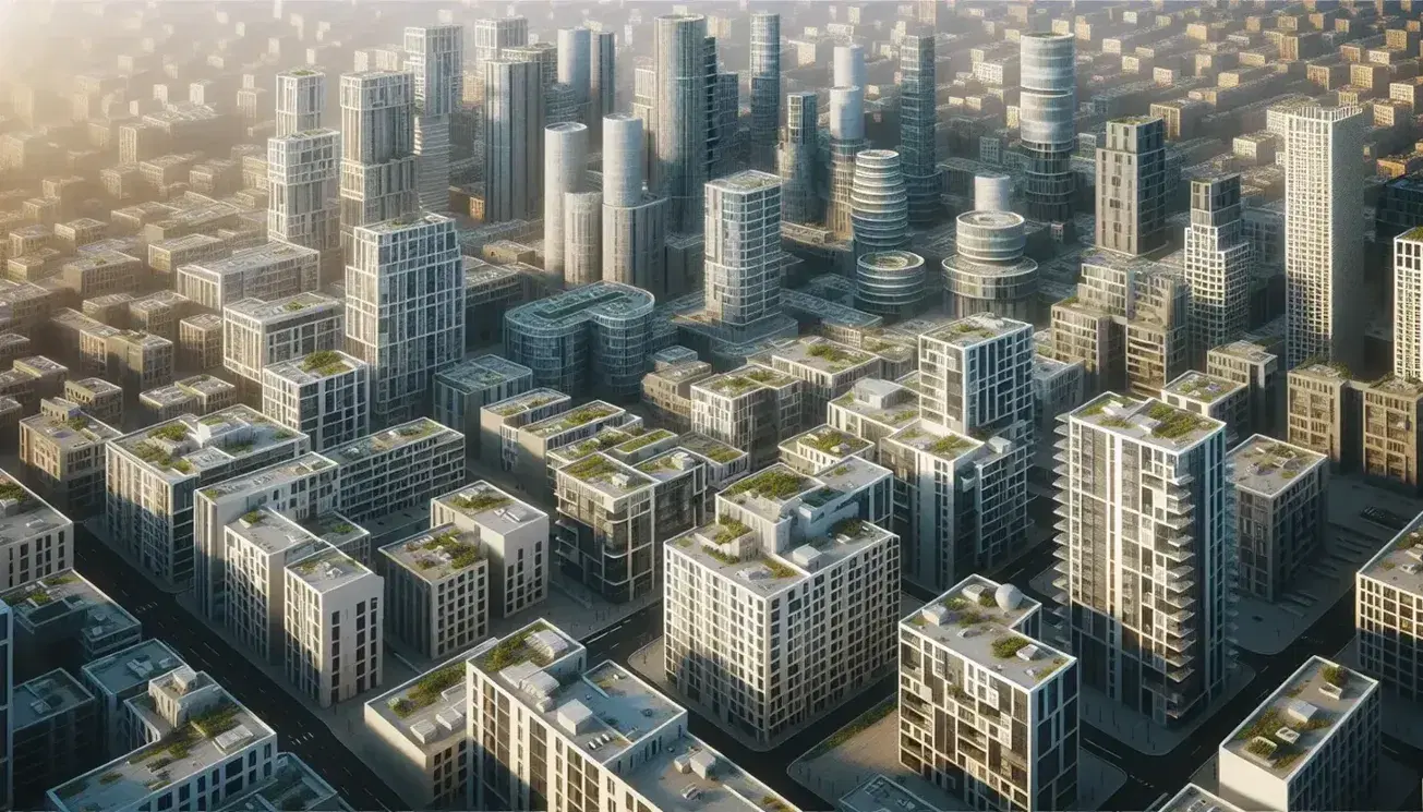 Vista aérea de paisaje urbano con edificios residenciales y rascacielos, calles en cuadrícula y áreas verdes dispersas, bajo un cielo azul claro.
