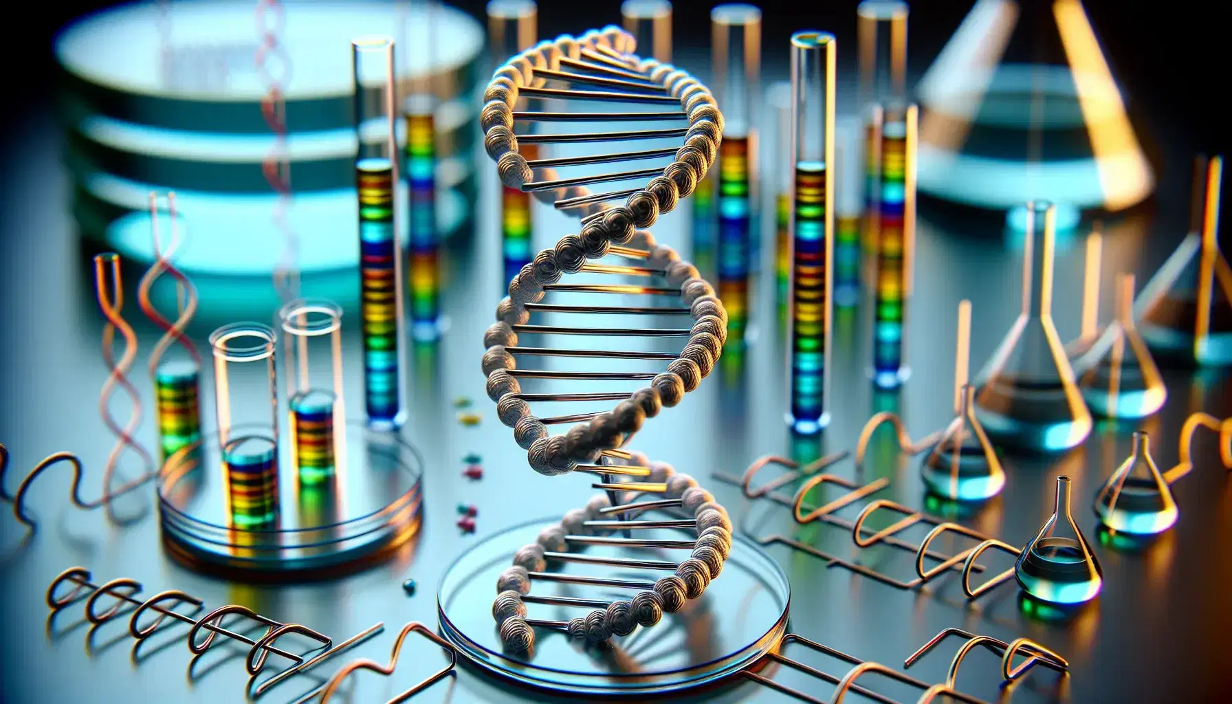 Close-up of a 3D DNA double helix model with silver and gold backbones and colorful base pairs, set against petri dishes in a lab.