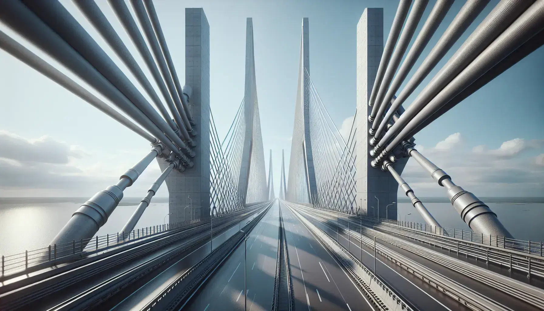 Puente colgante contemporáneo con torres metálicas y cables de acero, extendiéndose sobre un cuerpo de agua bajo un cielo azul con nubes dispersas.
