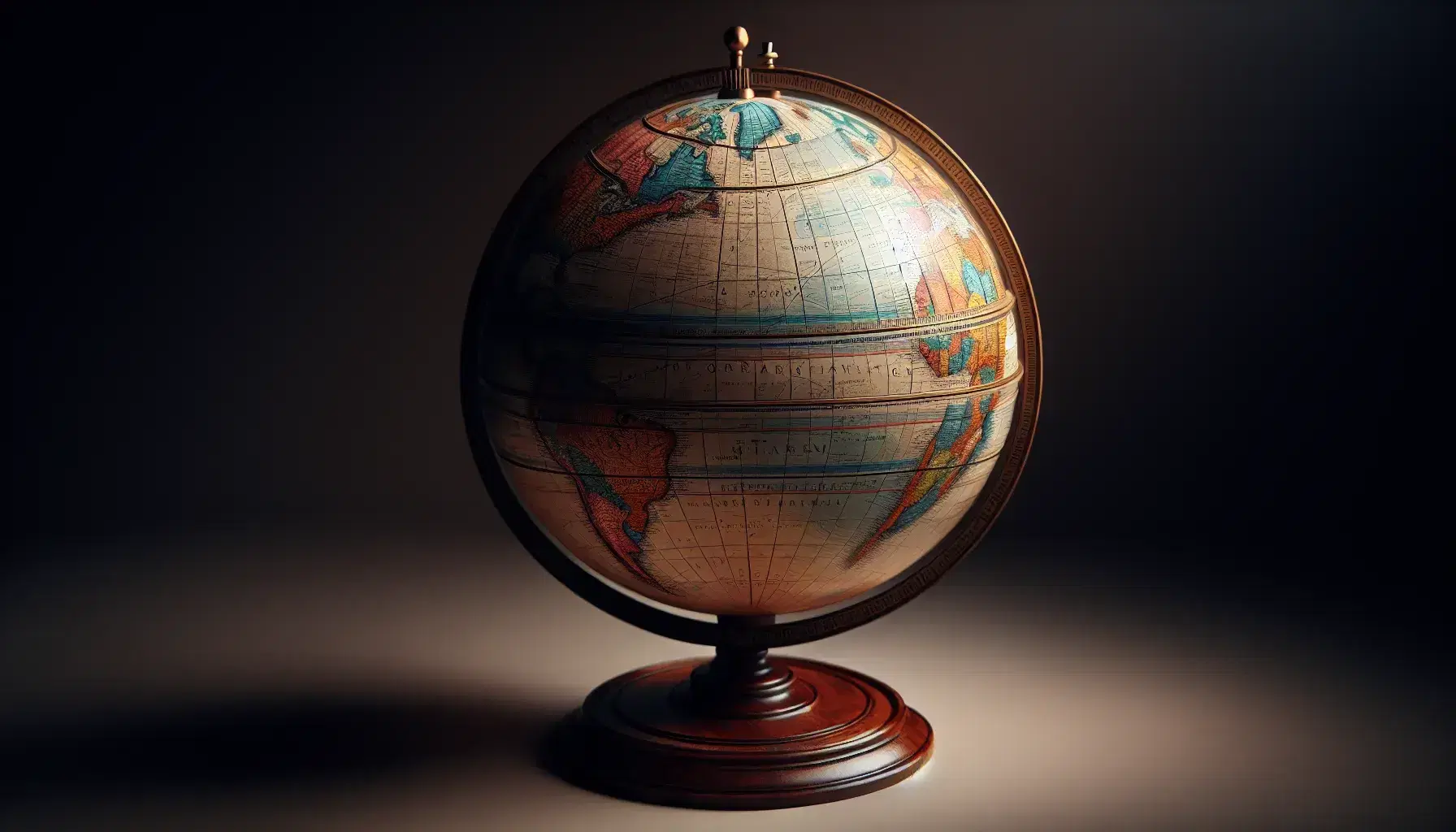 Mappamondo fisico su supporto in legno con linee di paralleli e meridiani, colori geografici distinti e illuminazione soffusa.