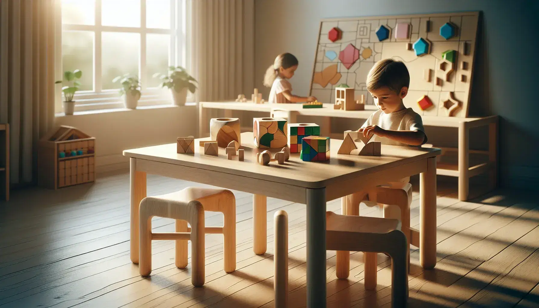 Aula luminosa con niños aprendiendo, mesa con bloques de madera y rompecabezas colorido, niño con juguete educativo y niña leyendo libro con imágenes.