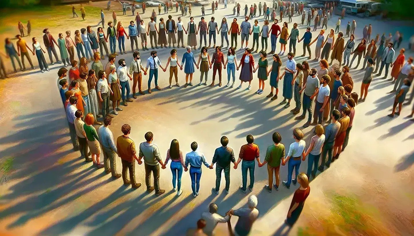Gruppo eterogeneo di persone di varie età e generi in cerchio con mani unite al centro, simbolo di unità, in ambiente esterno luminoso.