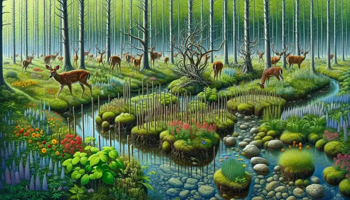 Diverse forest ecosystem with young saplings, wildflowers, grazing deer, a clear stream, and mature trees illustrating ecological succession.
