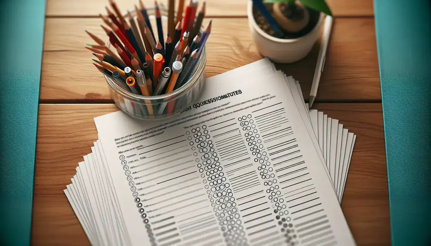 Close up of multiple choice questionnaires on wooden desk with jar of colorful pens and pencils, blurry plant in background.