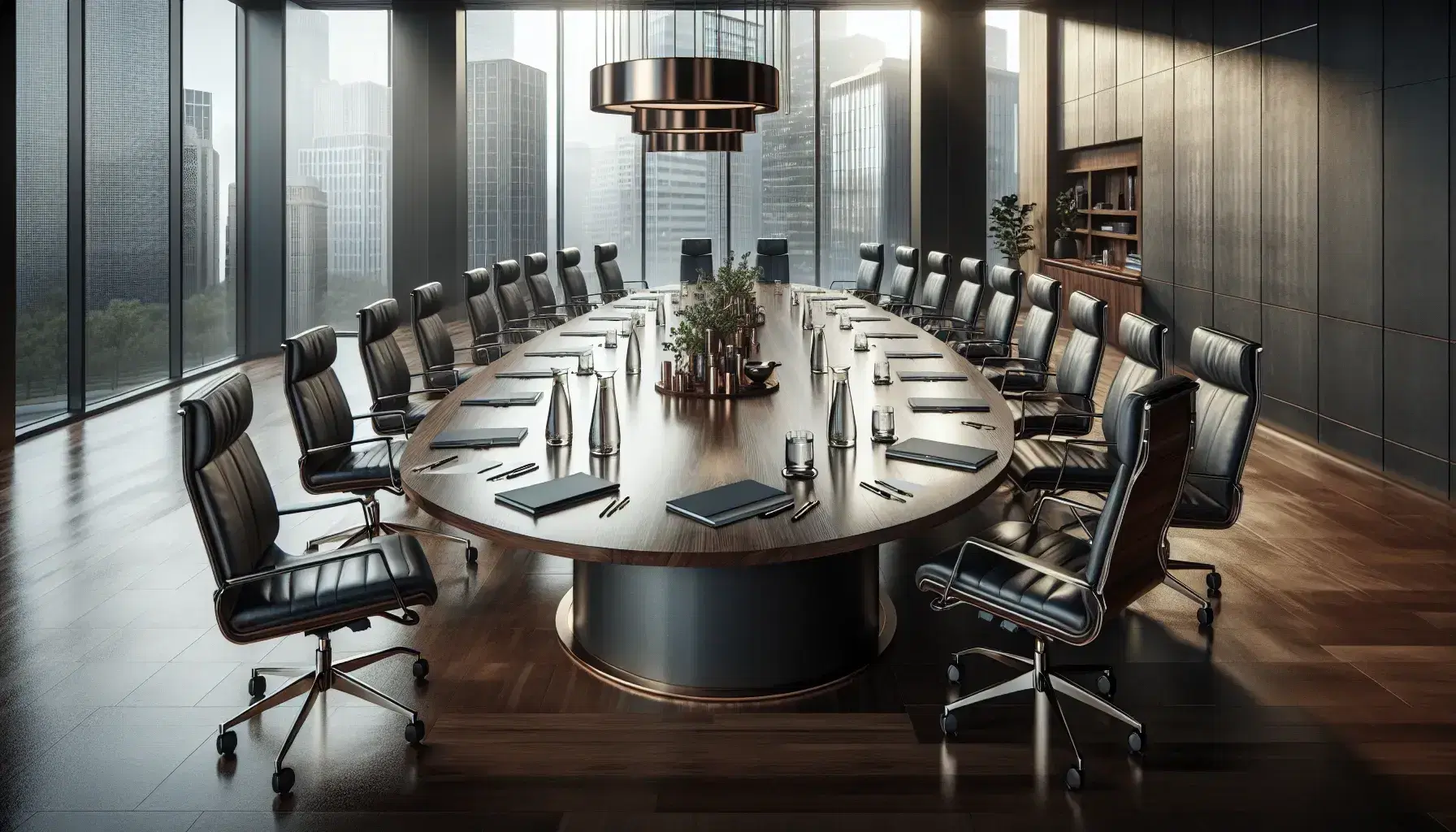 Elegant boardroom with oval wooden table, leather chairs, laptops, water pitchers, and notepads, flanked by large windows showcasing a cityscape.