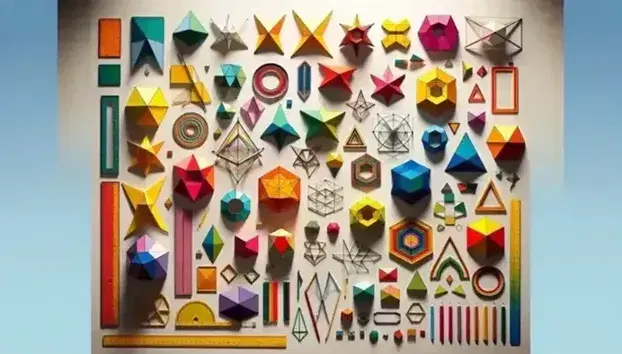Collezione di poligoni geometrici colorati in materiali vari su sfondo neutro con strumenti di misura e mano che ne tiene uno.