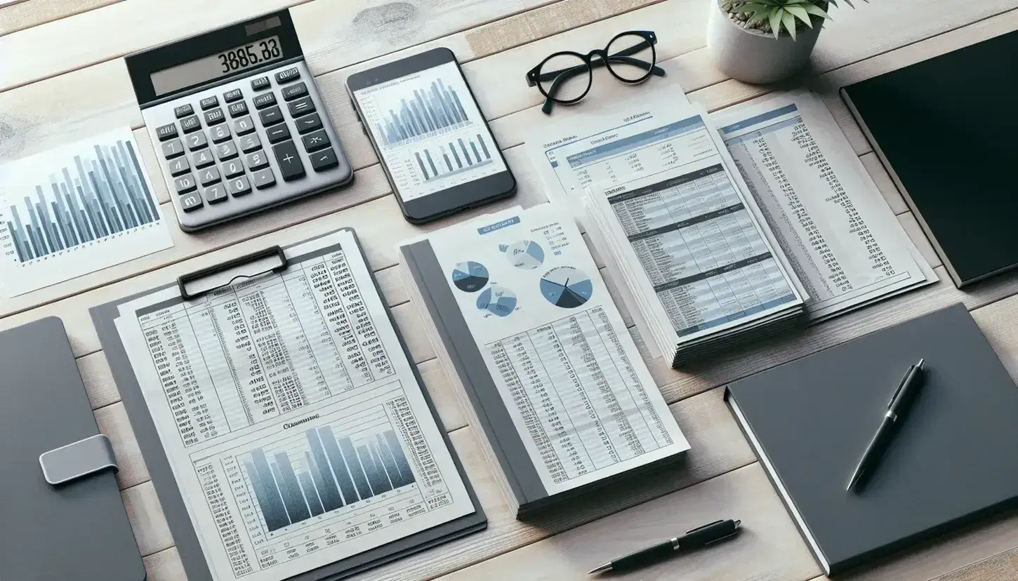 Escritorio de oficina con calculadora gris, smartphone mostrando gráficos financieros, papeles con informes, cuaderno abierto y gafas, junto a planta verde.