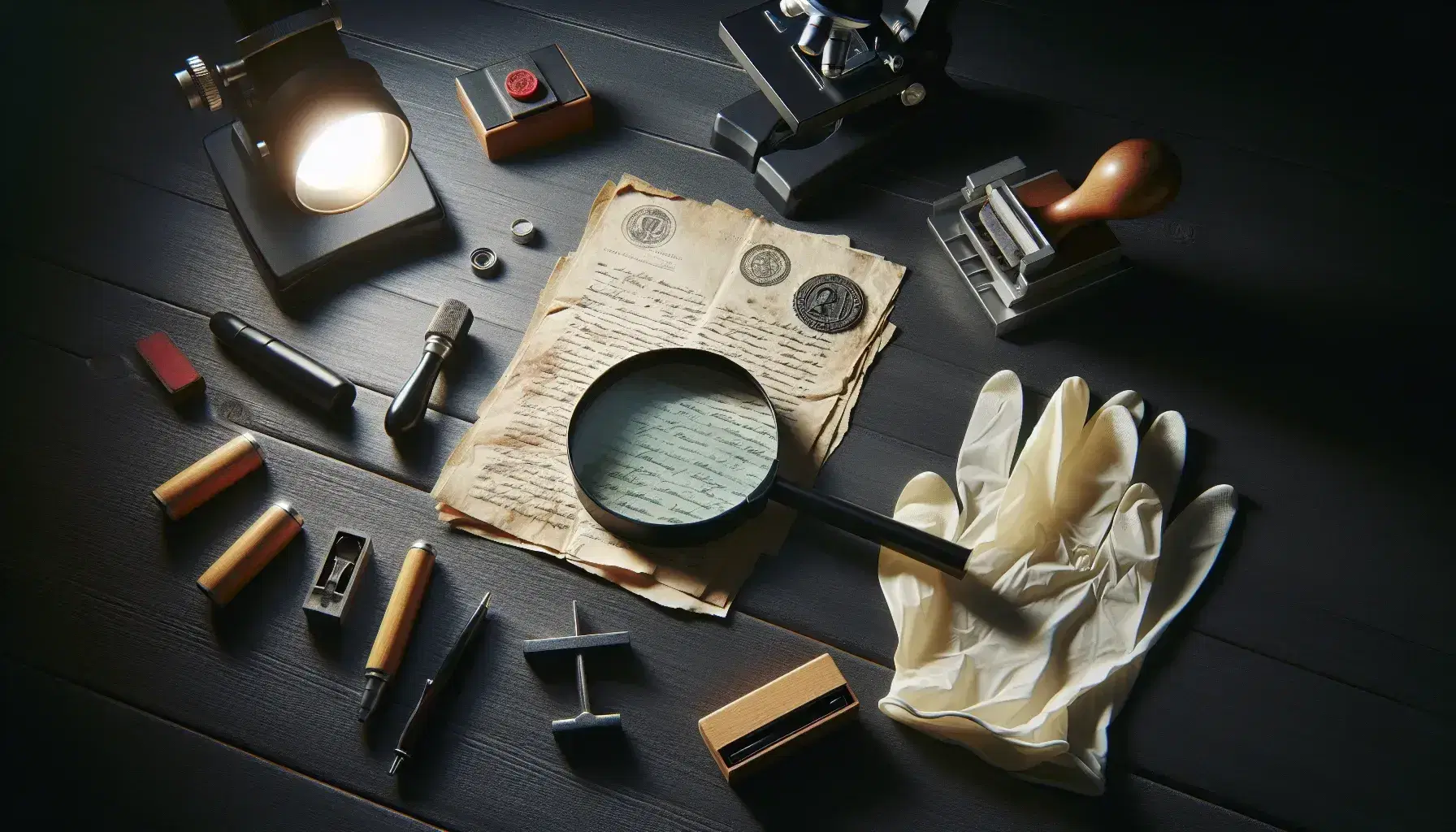Mesa de análisis forense con documento antiguo bajo lupa, guantes de látex, sello sin inscripción y lámpara ultravioleta, en ambiente de investigación.