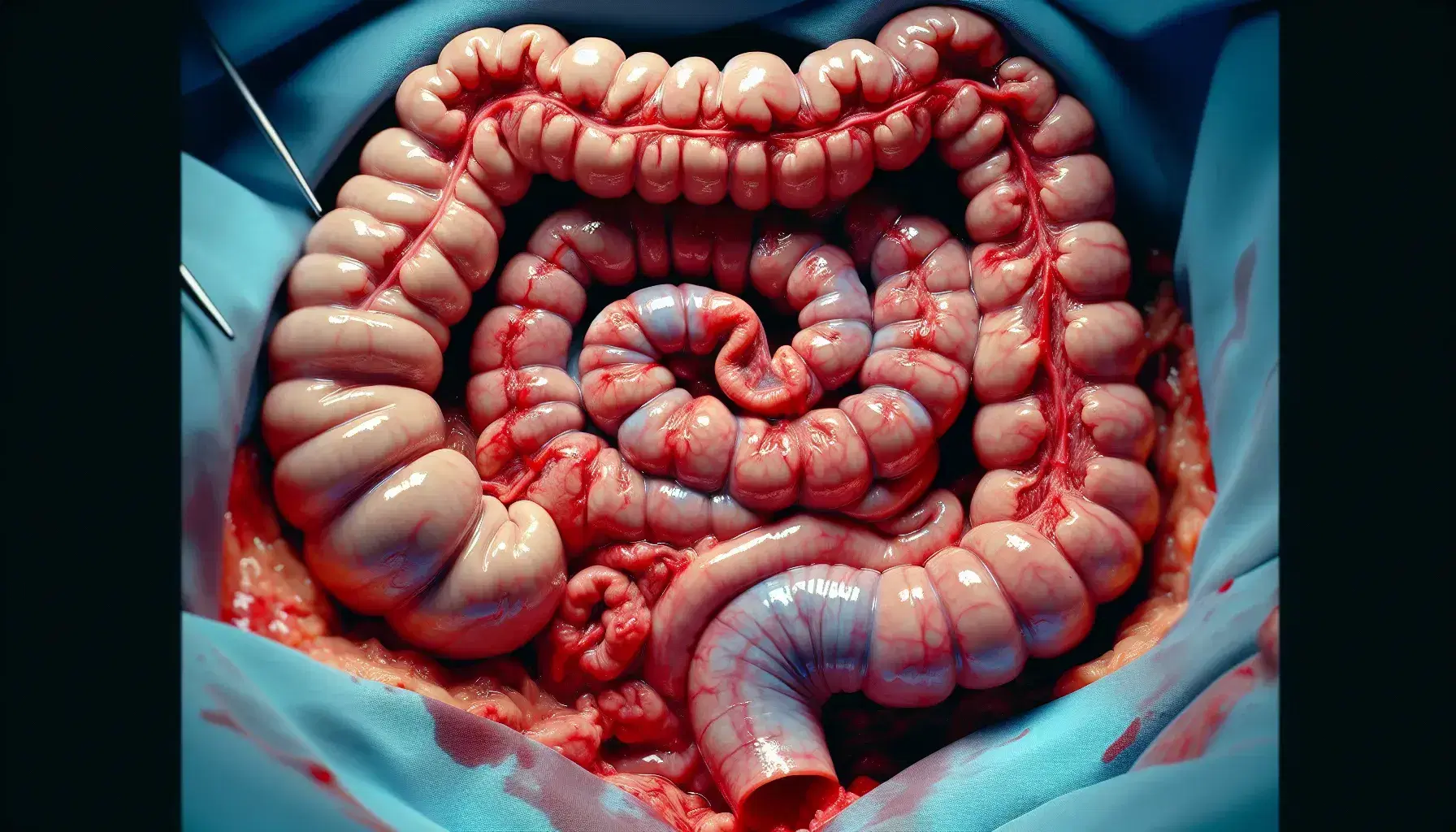 Primo piano dell'intestino umano durante un intervento chirurgico, con dettagli del piccolo intestino rosa pallido e del grosso intestino rosa scuro.