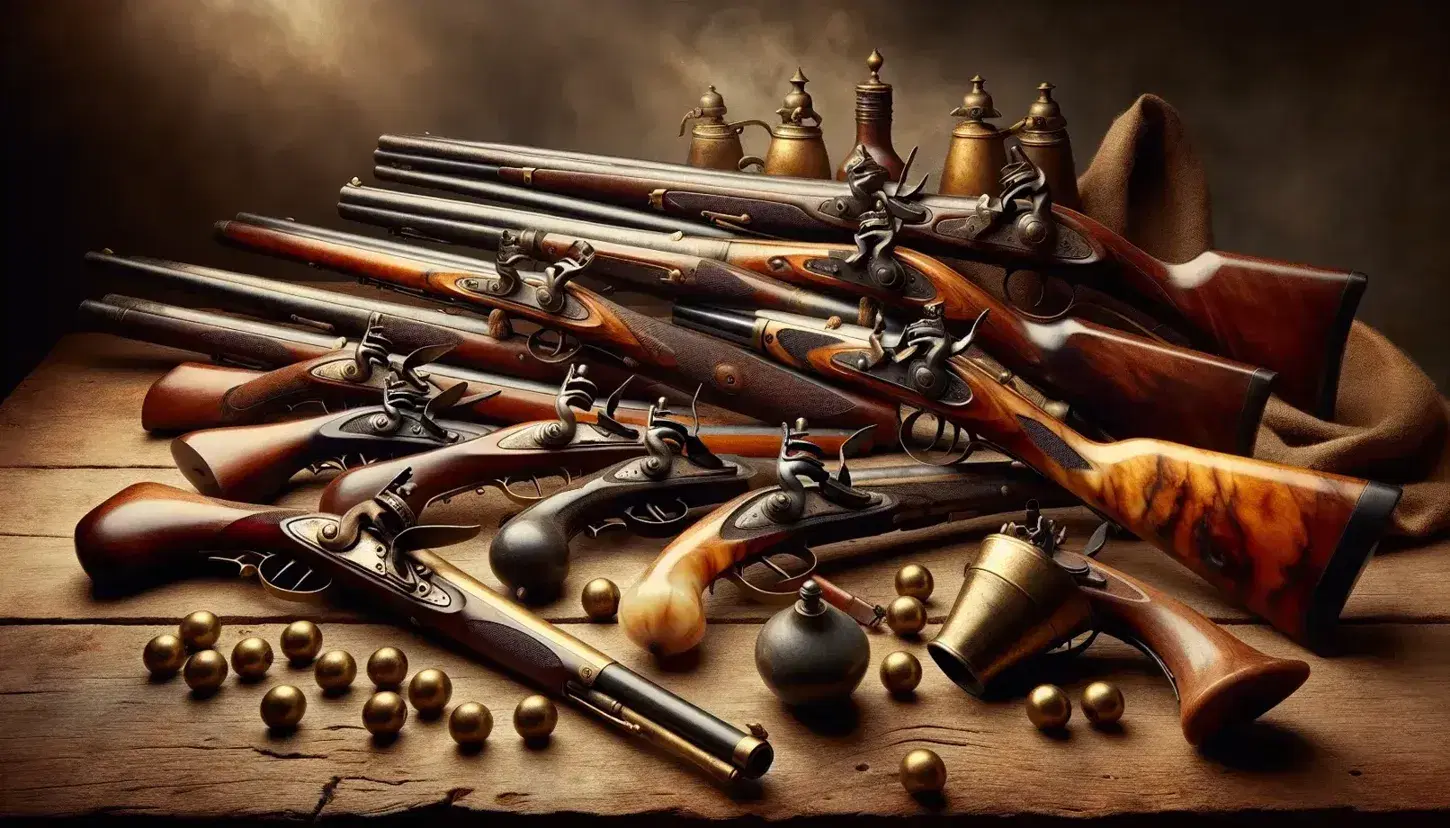 Antique flintlock pistols and muskets displayed on wooden background with powder horn and lead musket balls, evoking historical weaponry.