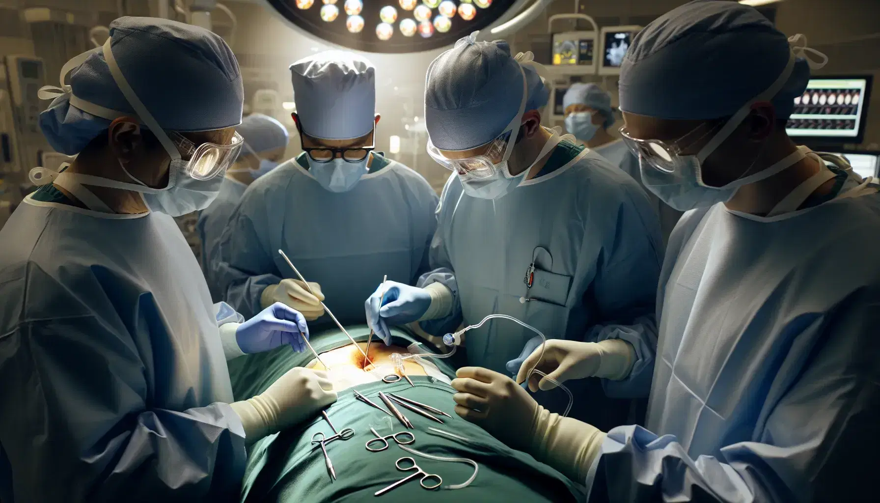 Team medico in sterile esegue inserimento di catetere venoso centrale su paziente in sala operatoria, con attenzione al dettaglio e sicurezza.