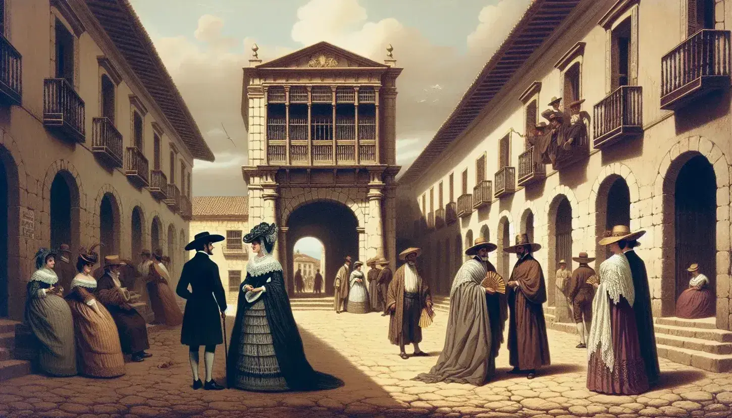 Escena colonial con figuras en vestimenta de época frente a edificio de piedra, destacando hombre con sombrero y mujer con vestido y abanico.