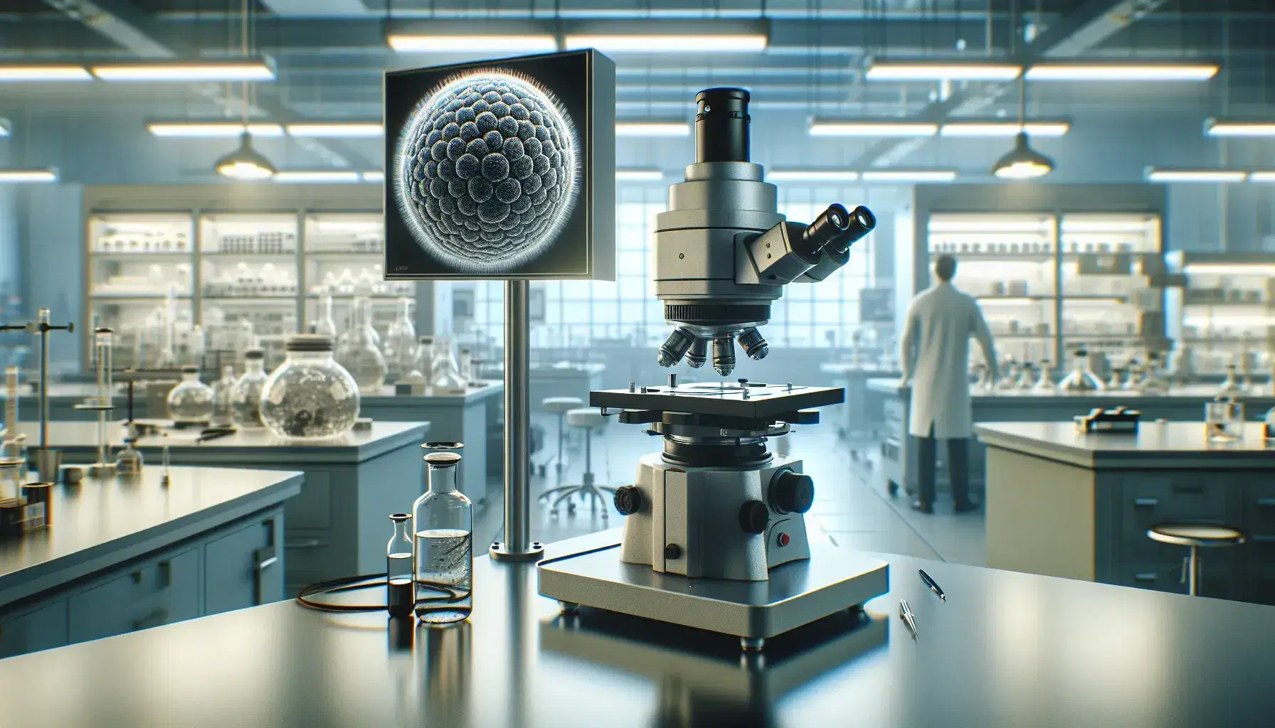Microscopio electrónico de transmisión en laboratorio de investigación con imagen de virus en pantalla y fondo desenfocado con estantes y científico.