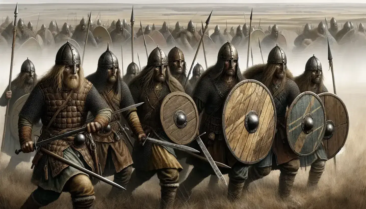 Guerrieri germanici in marcia con spade, scudi rotondi e lance su sfondo di campagna aperta e cielo grigio.