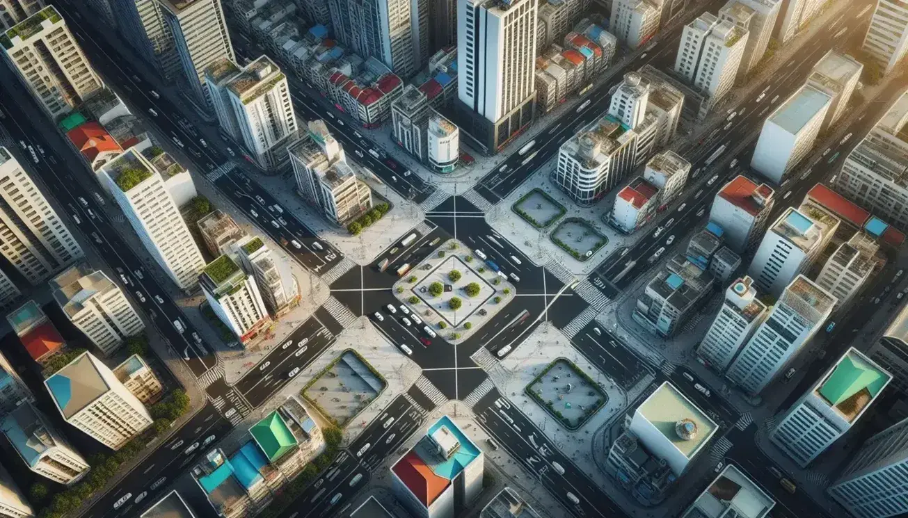 Vista aerea di un incrocio stradale in zona urbana con auto, edifici vari e piccola piazza con persone e verde.