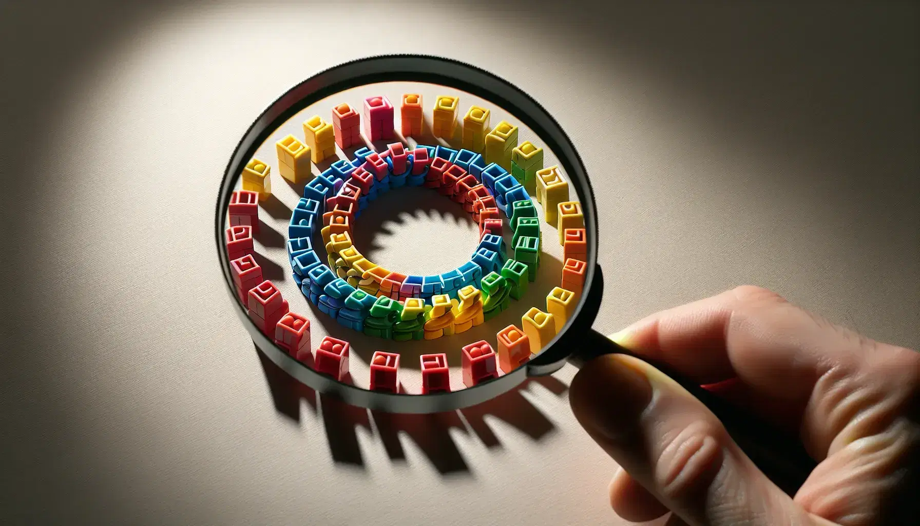 Close-up of a hand holding a magnifying glass over interconnected colorful plastic blocks arranged in a spiral on light surface.