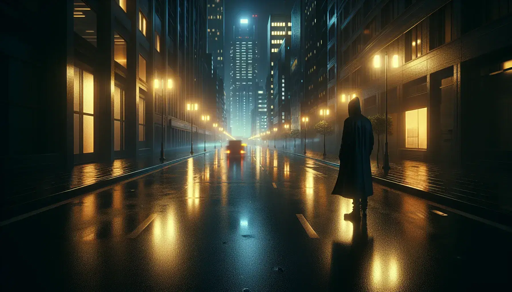 Scena urbana notturna con figura umana in cappotto nero riflessa su strada bagnata, luci soffuse e architettura moderna.