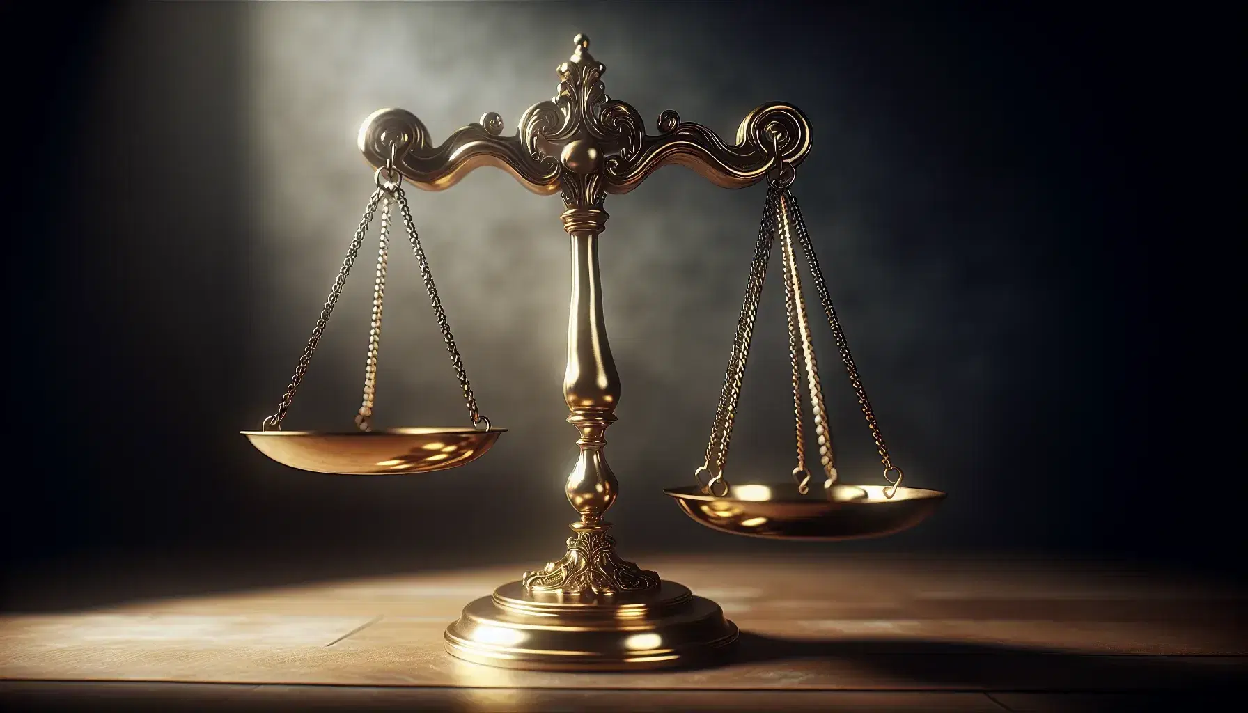 Balanza de la justicia en equilibrio sobre superficie de madera oscura, con acabado dorado brillante y fondo neutro desenfocado.
