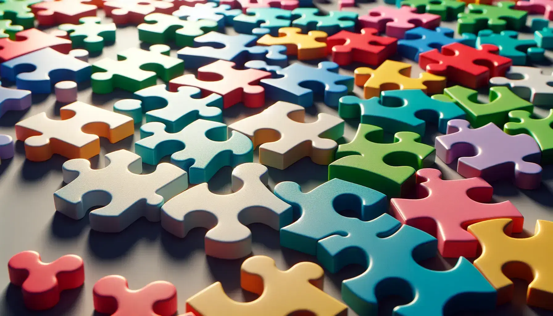 Colorful jigsaw puzzle pieces scattered on a matte surface, some connected, with vibrant red, blue, green, yellow, and purple hues against a neutral background.