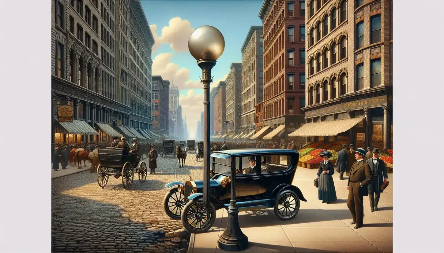 Early 20th-century American street scene with a Model T Ford, horse-drawn carriages, pedestrians in period attire, and fruit vendors on cobblestone streets.