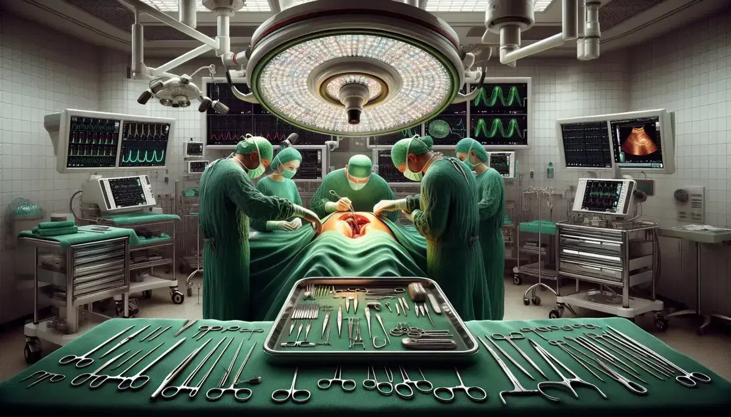 Ambiente chirurgico con chirurghi in tenuta sterile intenti in un intervento addominale, con strumentazione medica e monitor in secondo piano.