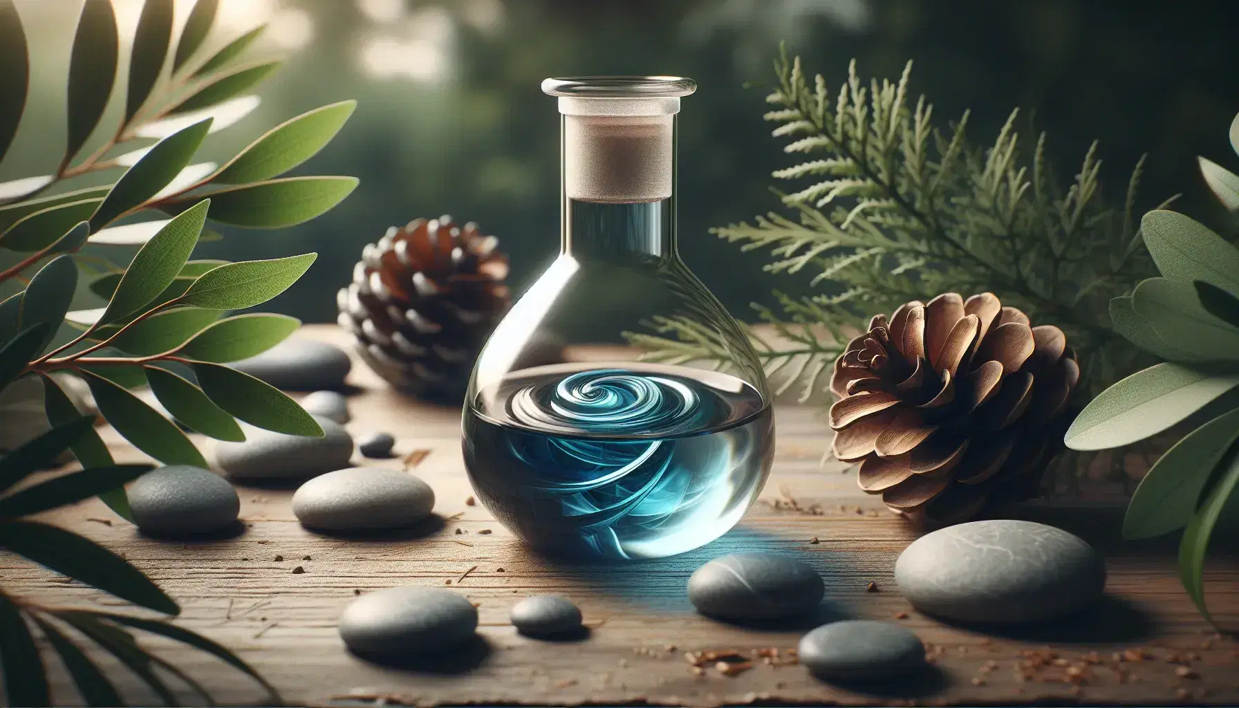 Close-up view of a gradient blue liquid in a clear glass flask on a wooden surface, surrounded by pebbles, leaves, and a pine cone with a blurred green background.