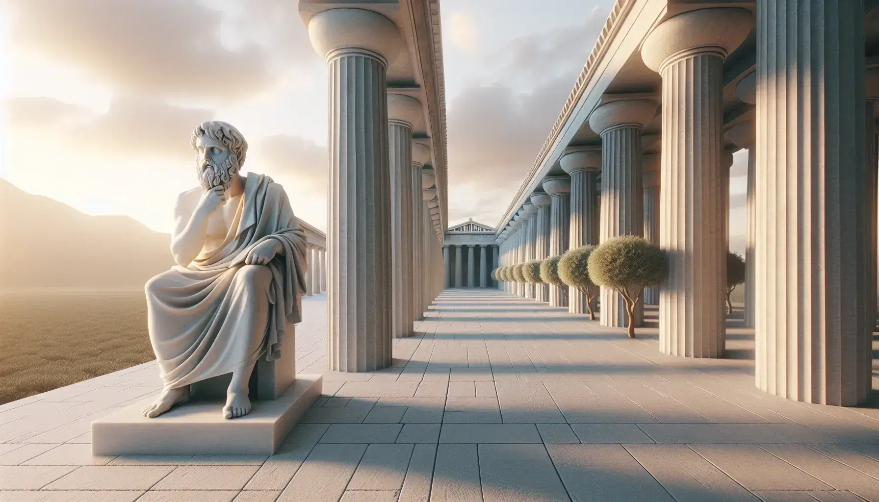 Estatua de mármol blanco de Platón pensativo en una academia antigua con columnas dóricas y suelo de piedra bajo un cielo de atardecer.