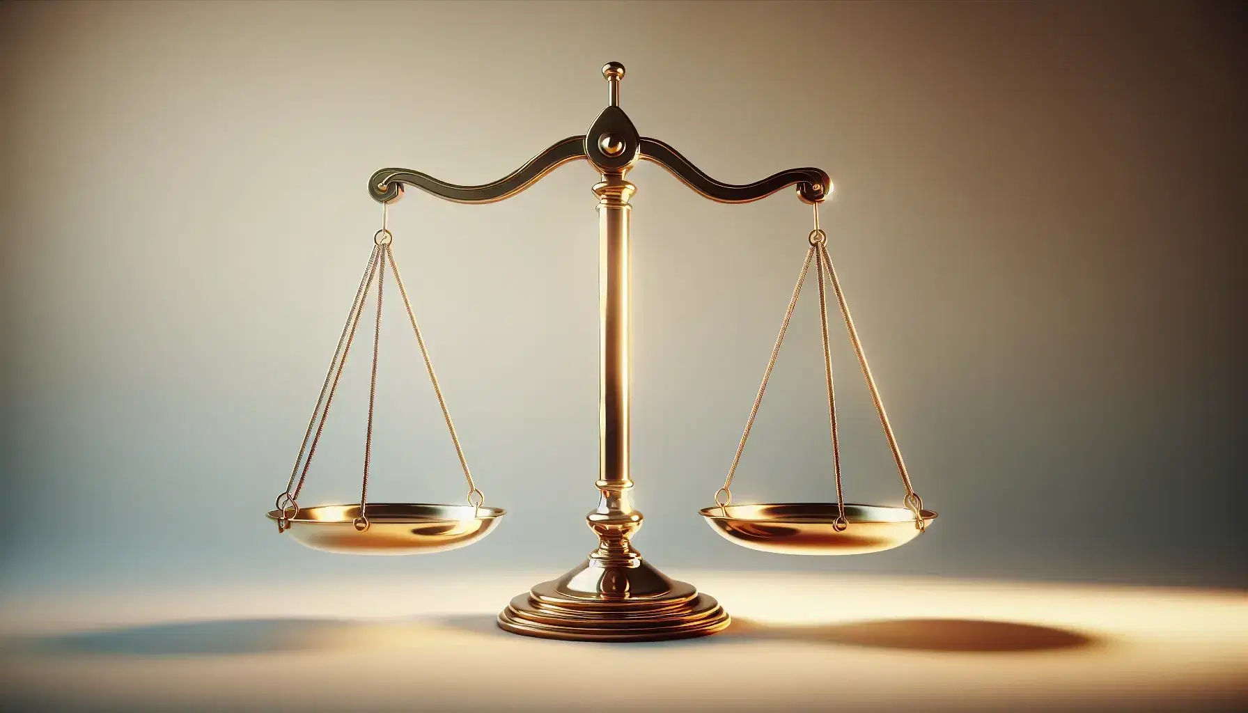 Golden court scales balanced on a cream and beige gradient background, symbol of justice and impartiality, without writing.