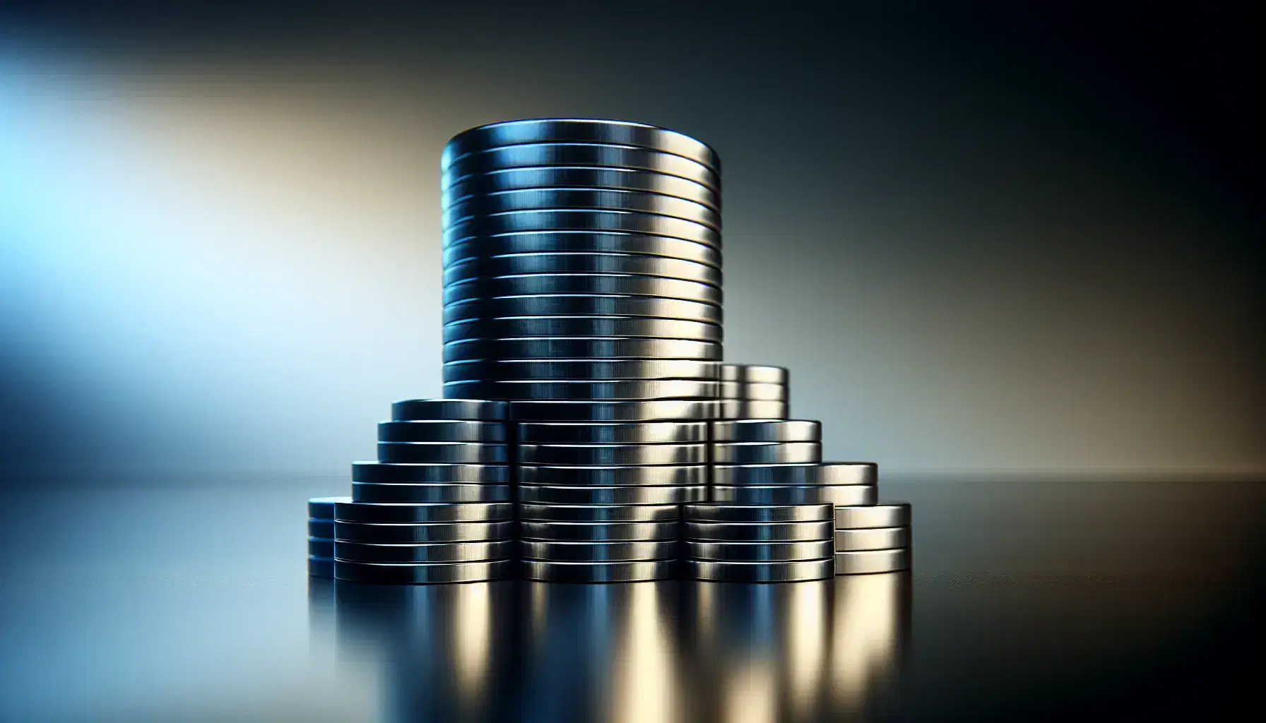 Conical tower of metal discs shaded from dark to light silver, reflected on shiny surface with shaded blue background.