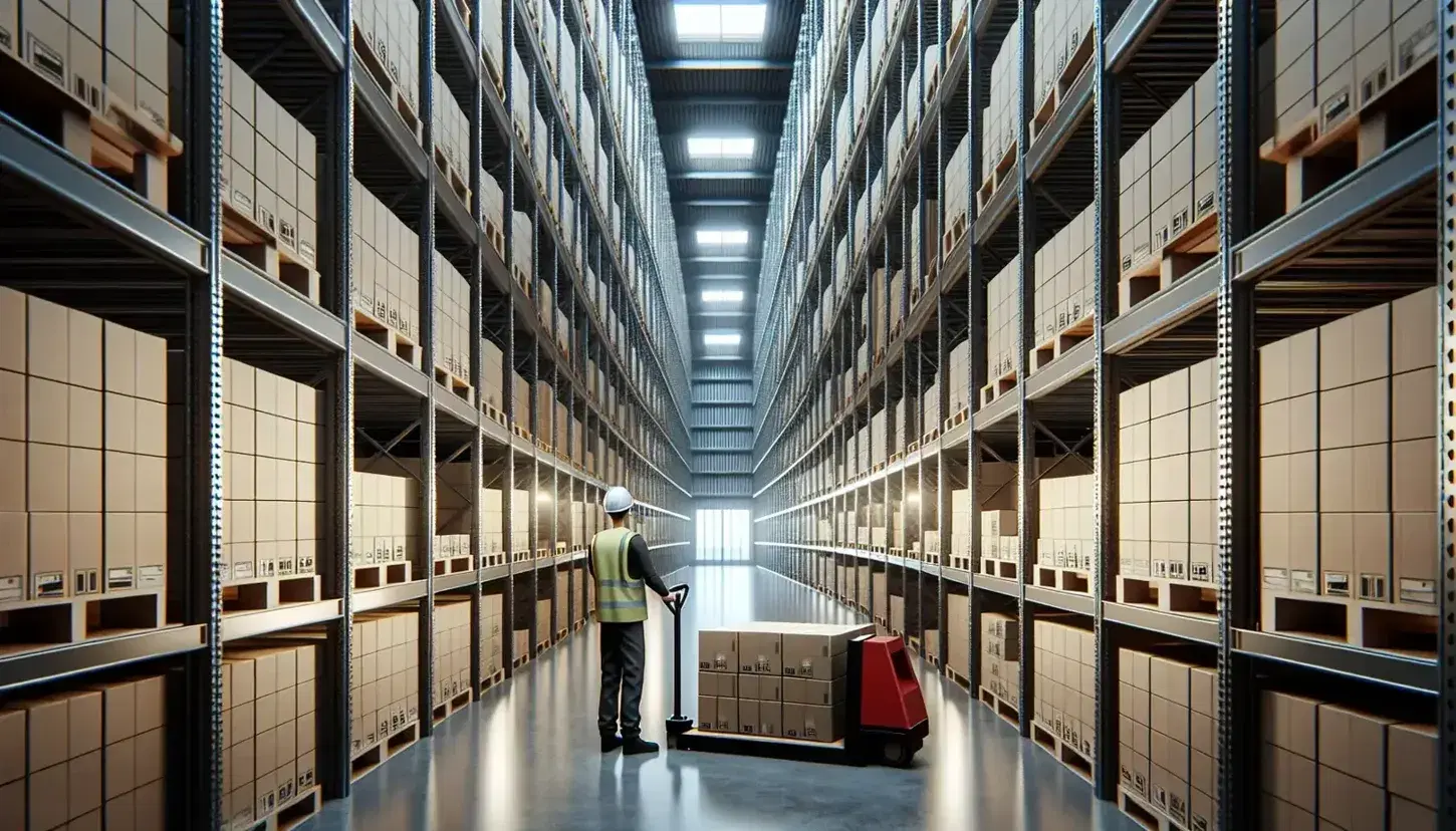 Modern warehouse interior with tall shelving units stocked with cardboard boxes, worker operating a red pallet jack, bright industrial lighting.