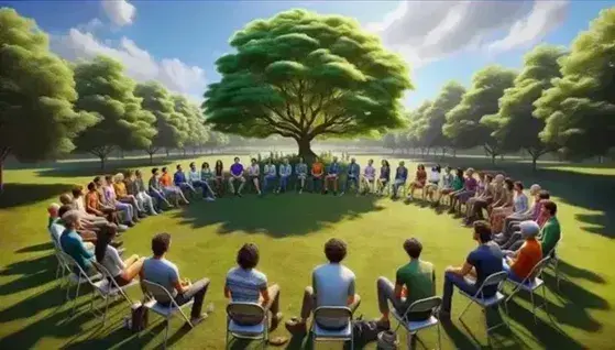 Gruppo multietnico seduto in cerchio in un parco, sotto un albero, in una giornata soleggiata, che partecipa a un dialogo comunitario.