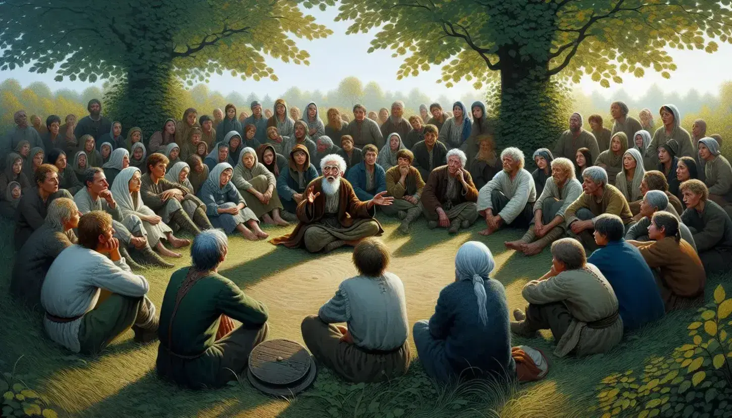 Anziano racconta storie a gruppo assortito di ascoltatori seduti in cerchio su erba, sotto alberi frondosi in una giornata soleggiata.