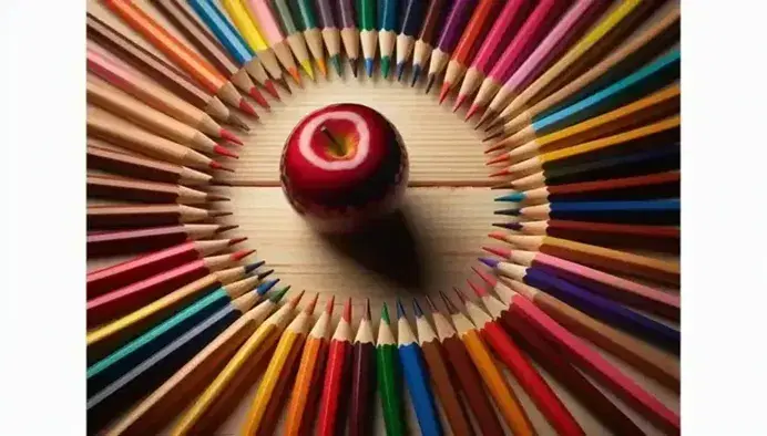 Lápices de colores en abanico apuntando hacia una manzana roja en el centro sobre superficie de madera clara, resaltando un contraste creativo y colorido.