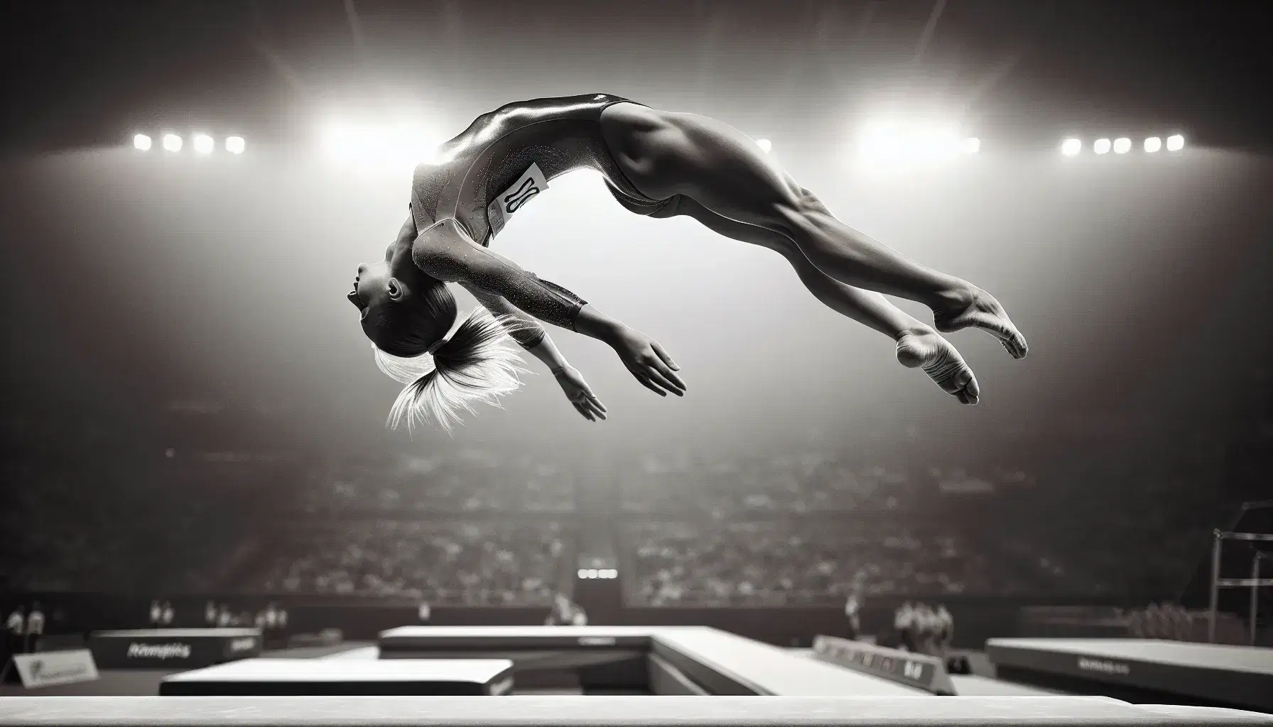 Gimnasta femenina ejecutando un salto de potro con cuerpo extendido y paralelo al suelo, leotardo brillante, en un fondo borroso que denota movimiento.