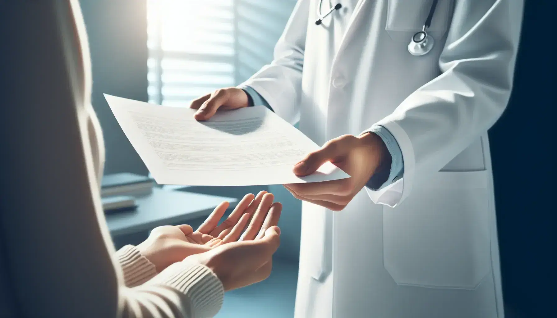 Manos de profesional de la salud en bata blanca entregando documento en blanco a paciente en entorno clínico con estetoscopio al fondo.