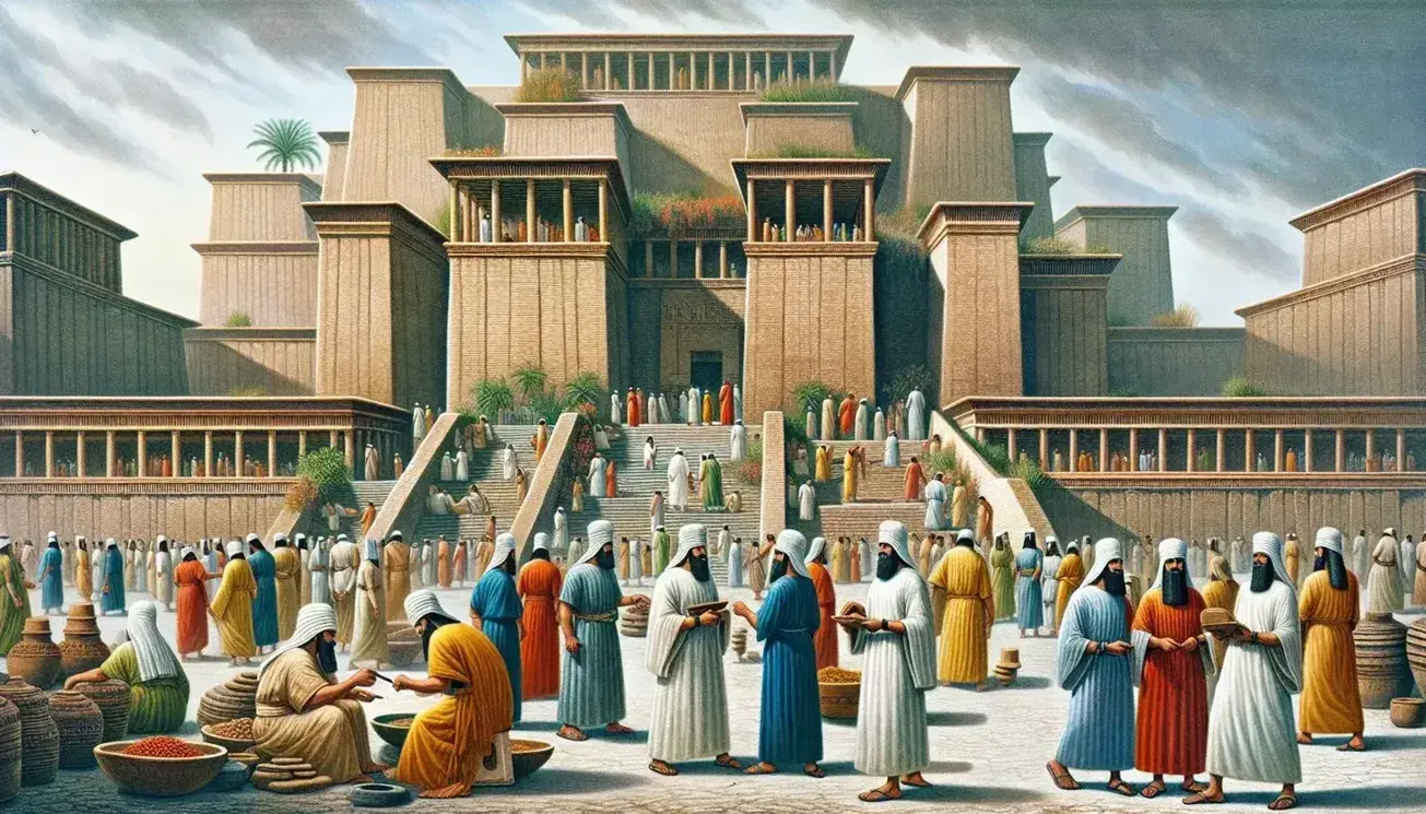 Scena di mercato a Babilonia con persone in tuniche colorate, templi decorati e giardini pensili, sotto un cielo azzurro.