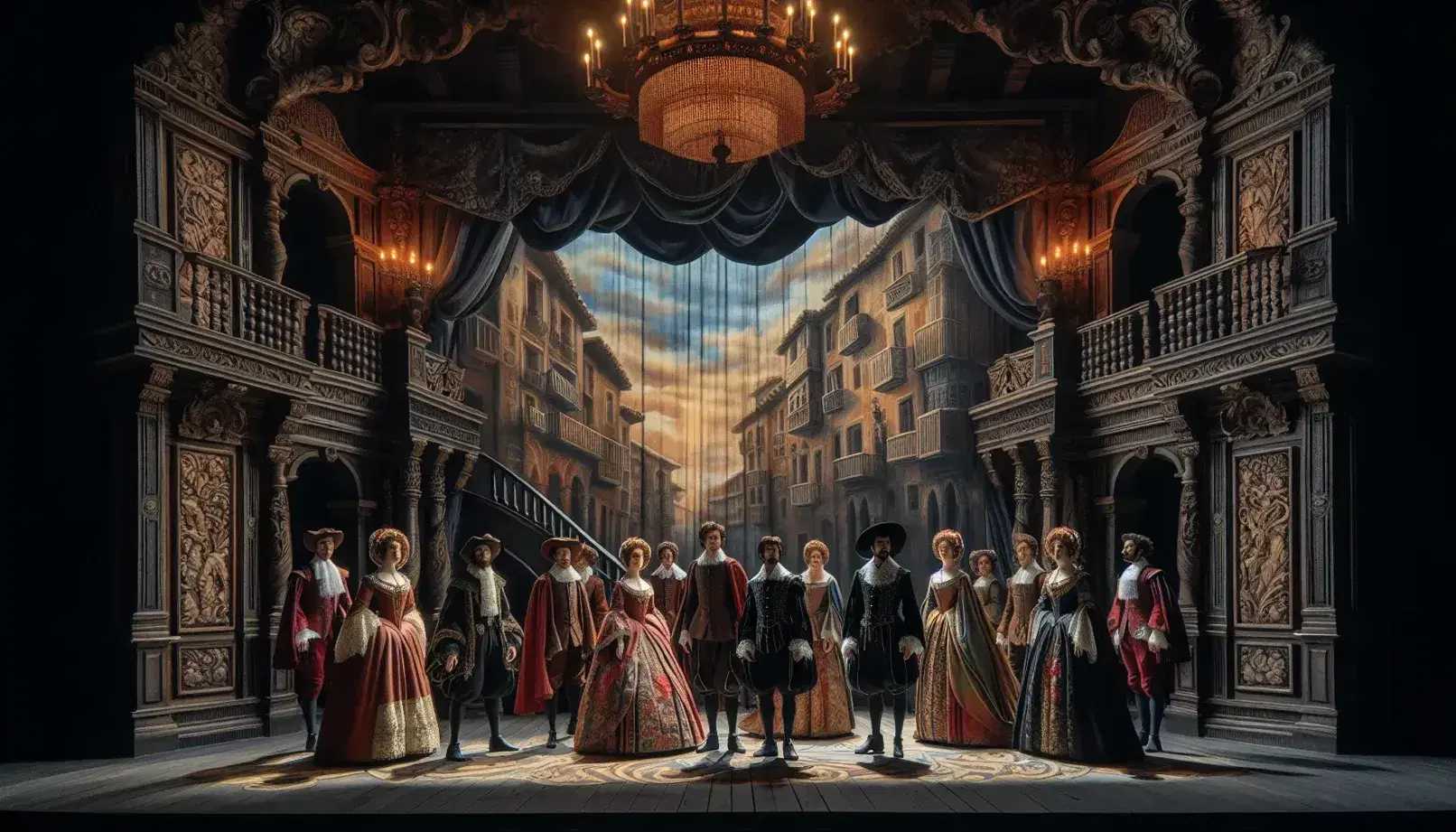 Escenario teatral barroco del siglo XVII con actores en trajes de época y decorado de calle antigua española, iluminado por candelabros.