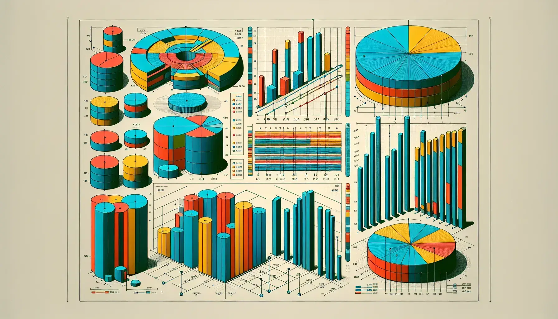 Gráficos de barras y pasteles en secuencia horizontal mostrando datos estadísticos sin etiquetas en fondo neutro, con segmentos y barras en colores azul, rojo, verde y amarillo.