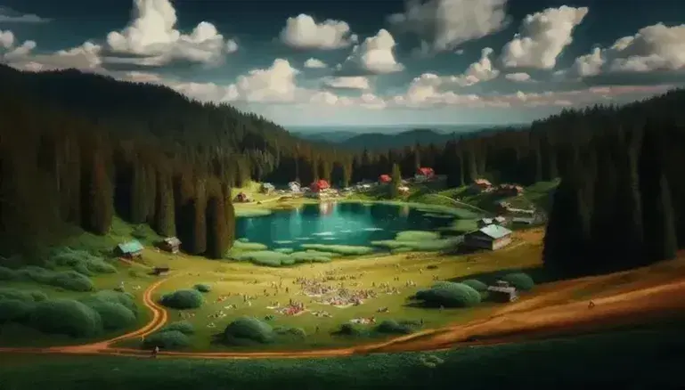 Paisaje natural con lago cristalino, casas de techos rojos entre árboles, colinas verdes y personas disfrutando de un picnic en un día soleado.