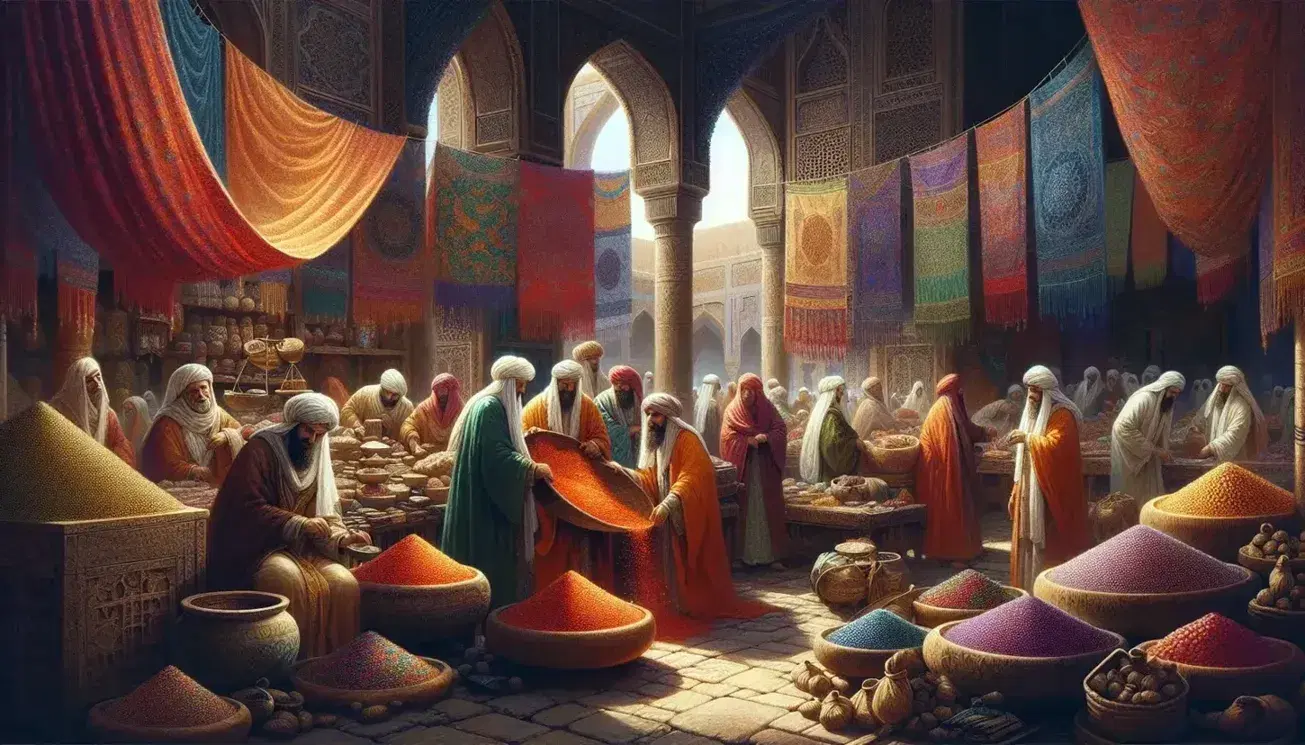 Vibrant ancient Dar Al-Islam marketplace with merchants selling spices, textiles, and fruits, amid Islamic Golden Age architecture.