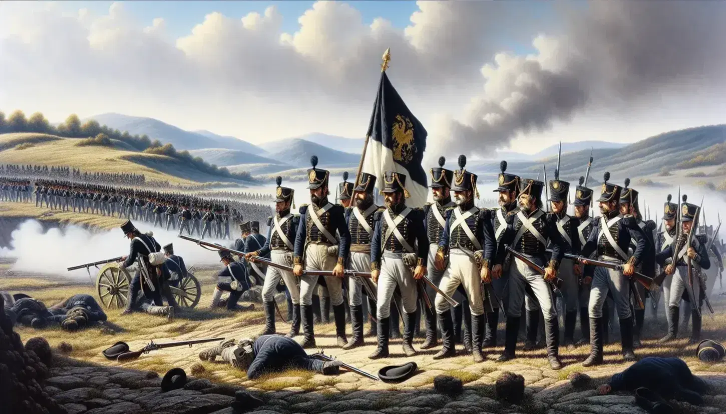 Soldados de la Guerra de Independencia Española avanzan en formación con uniformes azules y mosquetes bajo un cielo azul con nubes dispersas y colinas al fondo.