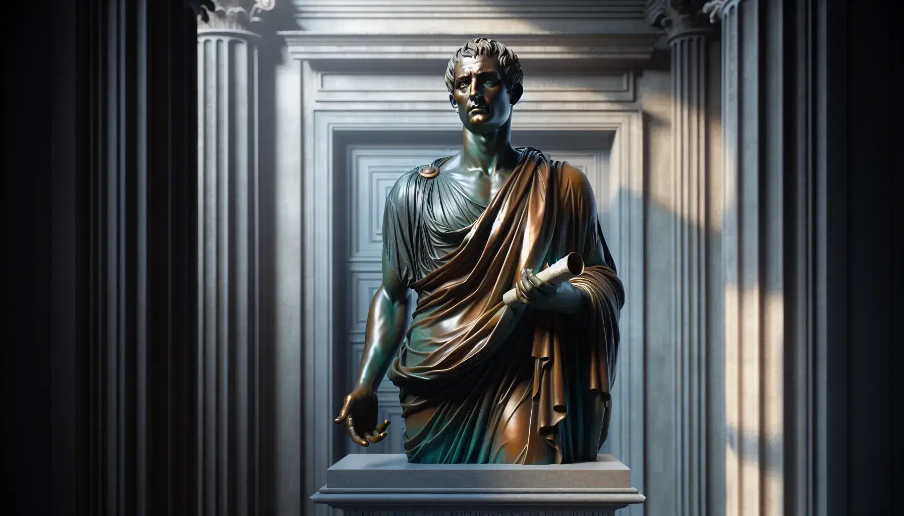 Statua in bronzo di uomo pensieroso con mantello, mano alzata e rotolo di papiro, su piedistallo di marmo grigio in spazio aperto.