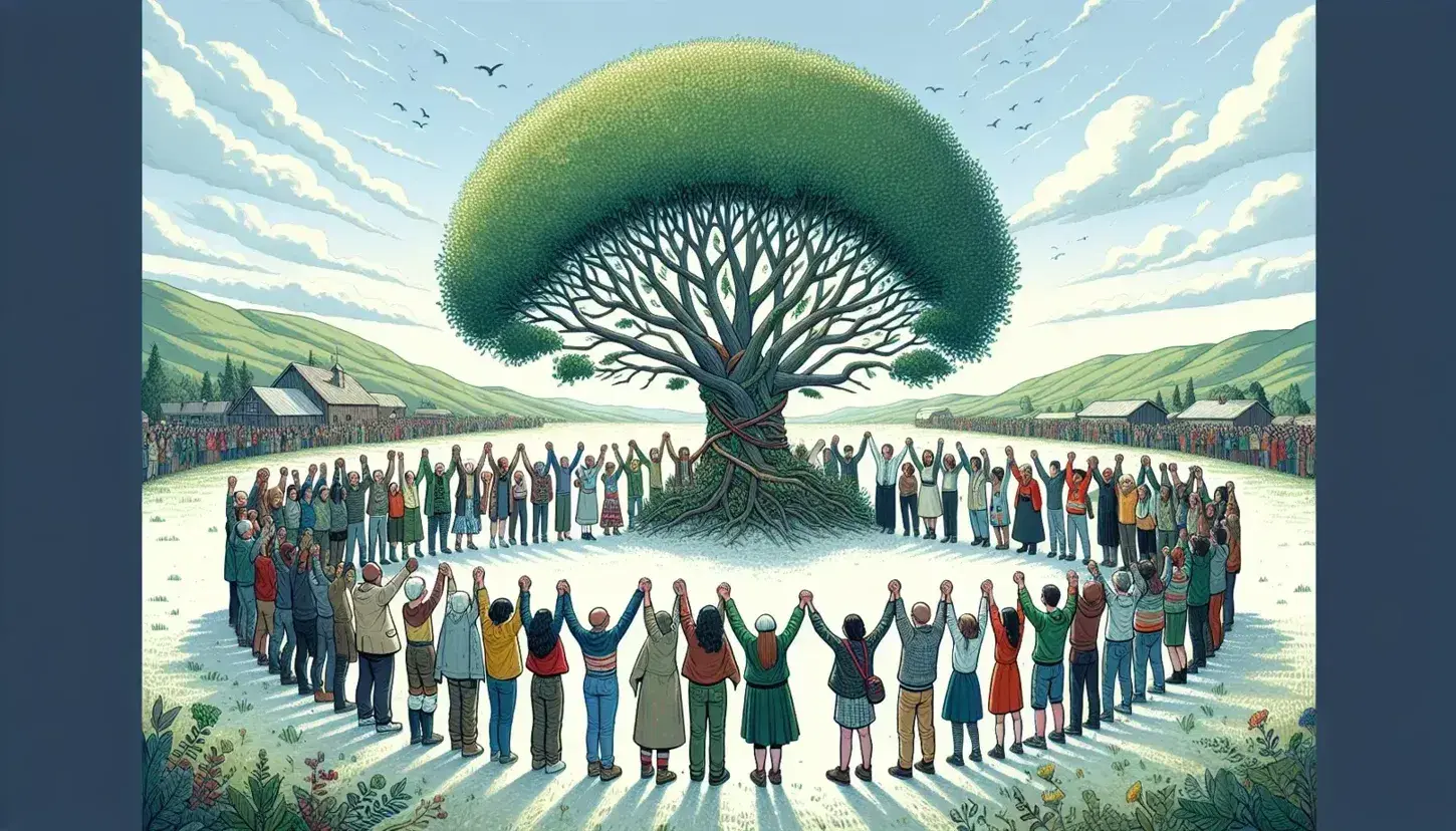 Gruppo multietnico di persone che si tengono per mano in cerchio attorno ad un albero rigoglioso, con colline verdi e cielo azzurro sullo sfondo.
