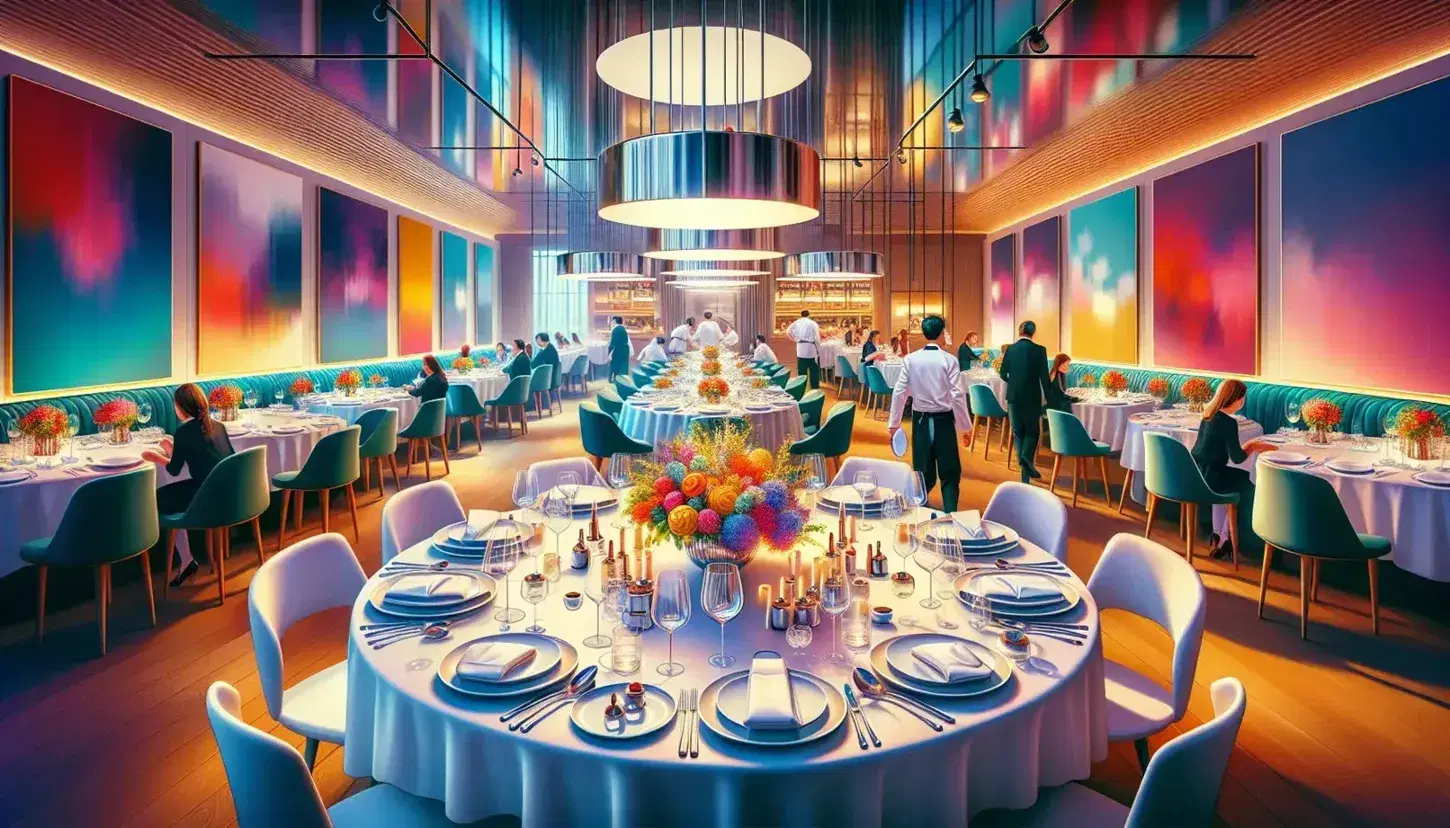 Tavolo rotondo elegantemente apparecchiato in ristorante moderno con fiori colorati, cristalleria scintillante e personale di servizio.