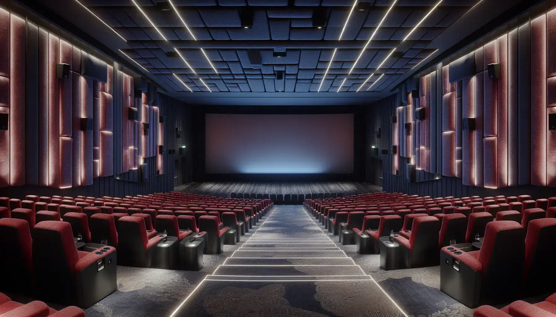 Sala de cine moderna con asientos vacíos de terciopelo rojo, suelo alfombrado en tonos azules y grises, y pantalla grande apagada al frente.